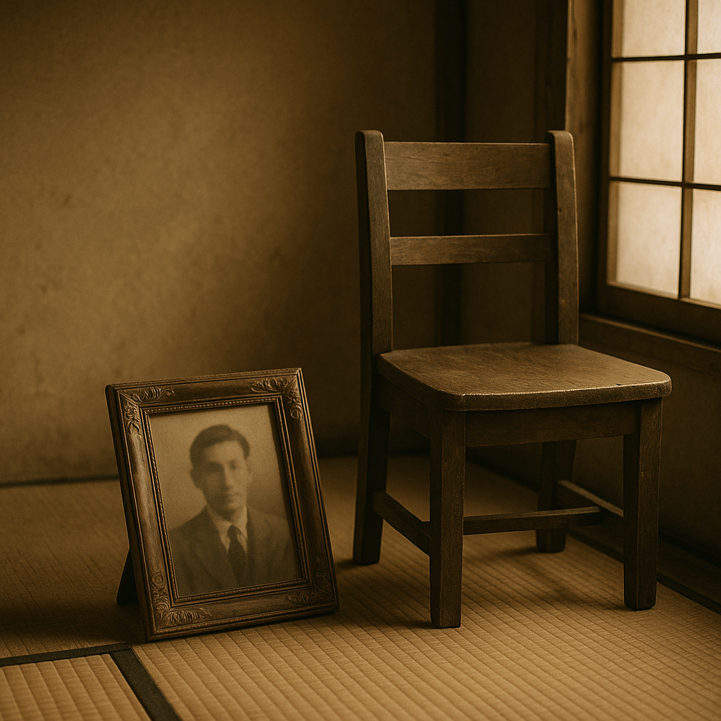 畳の部屋に置かれた木の椅子と古い人物写真の額