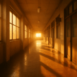 夕陽が差し込む学校の廊下。遠くの窓から暖かな光が射し、床に長い影がのびている
