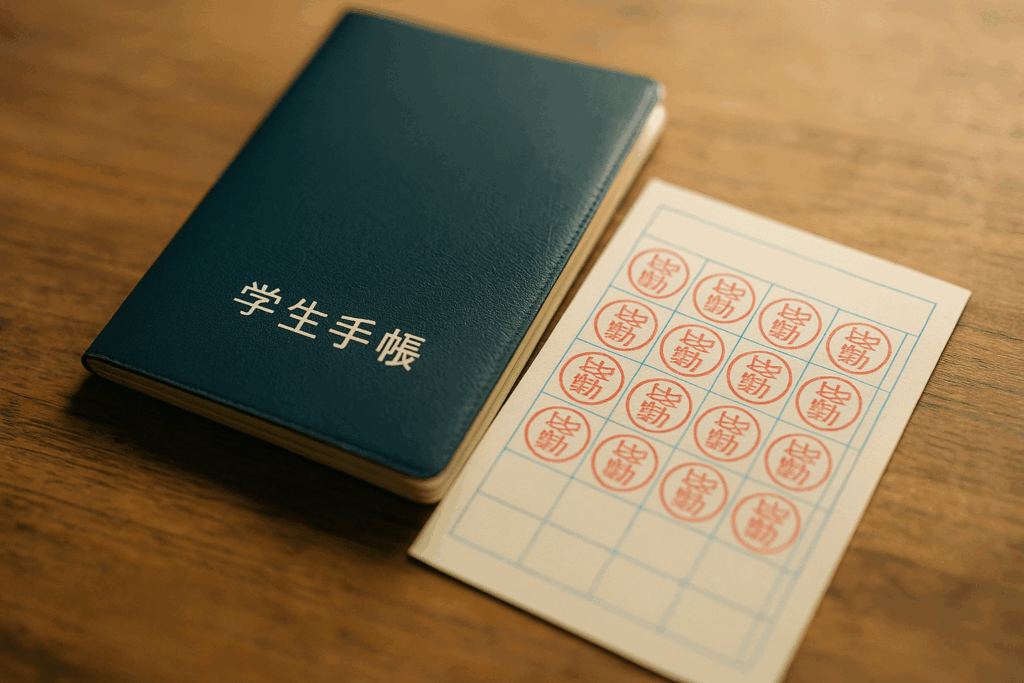 机上に置かれた学生手帳と「出勤」スタンプのシート
