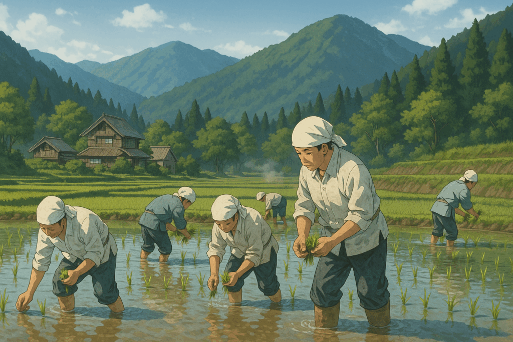 奥羽山脈のふもとの、いつもの春──田植えに出る村の人たち。