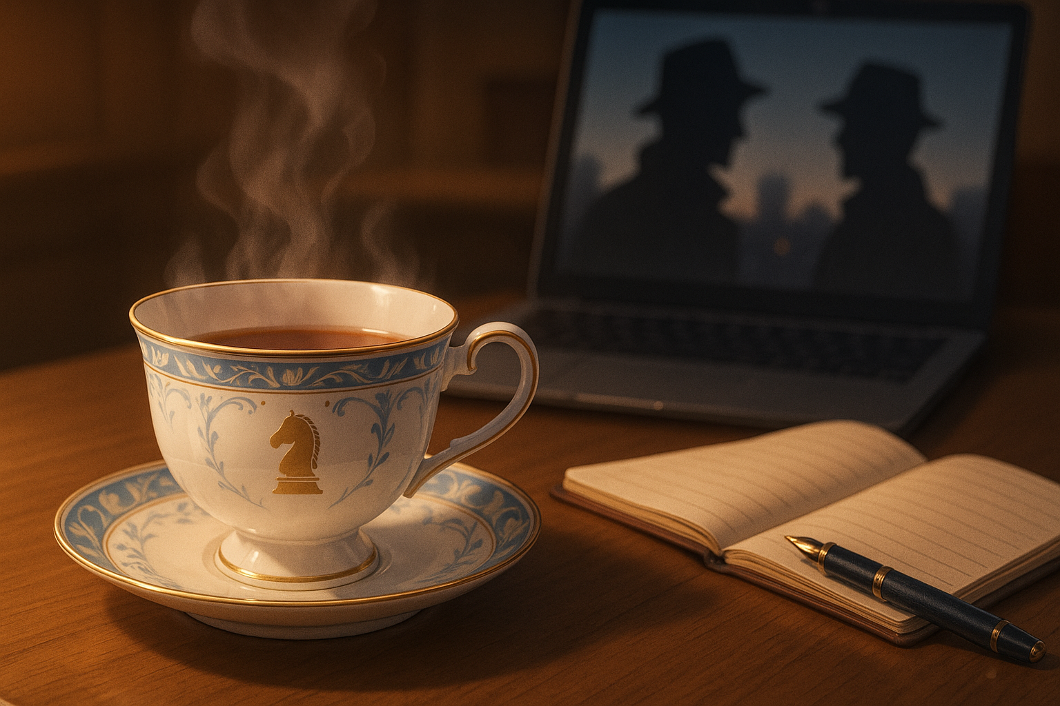 ナイトのエンブレムが入ったボーンチャイナのティーカップとソーサー、ノートパソコンとノートが並ぶ夜のデスク。相棒を見ながら考察を書くイメージのイラスト。