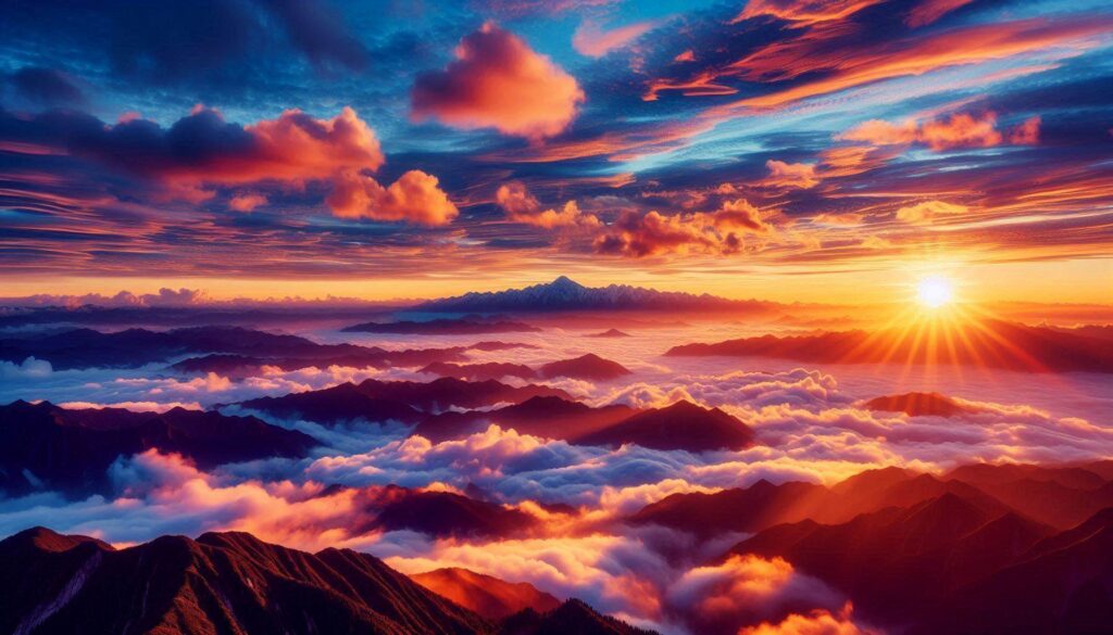 雲海と朝焼けの山