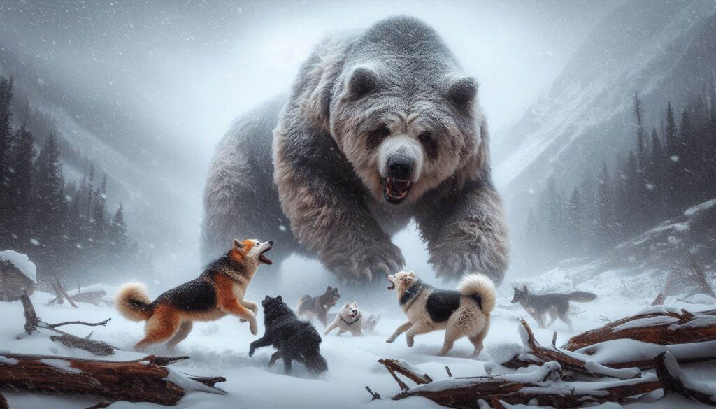 雪山で、熊に立ち向かう犬達の戦いの場面