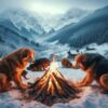 焚き火を囲む犬たち