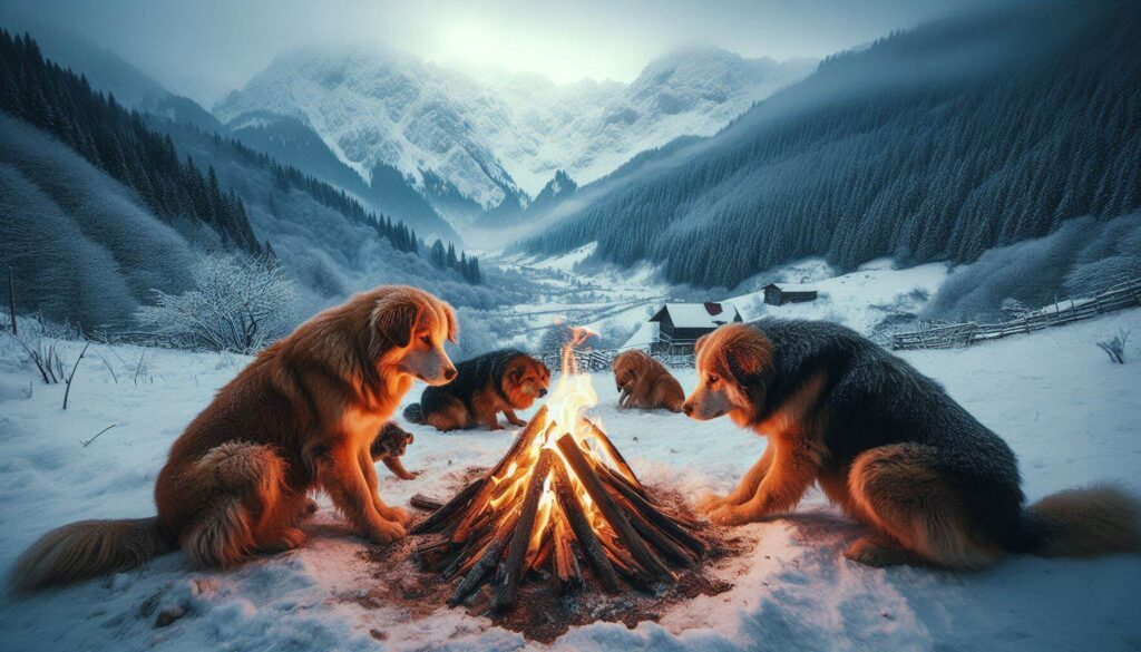 焚き火を囲む奥羽の犬たち