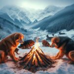 焚き火を囲む犬たち