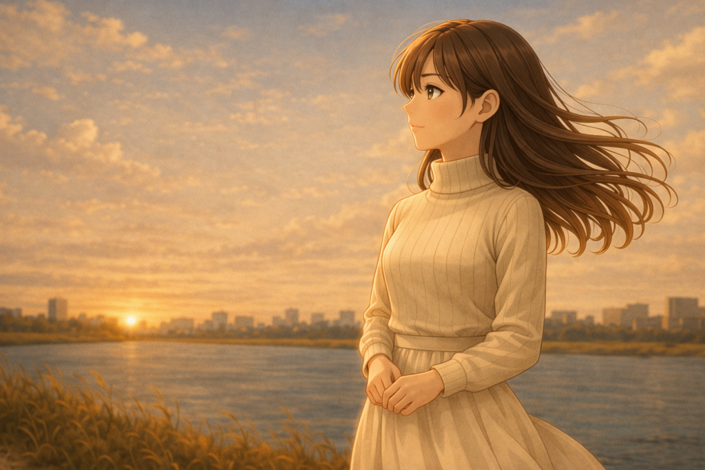 夕日の川辺で佇む