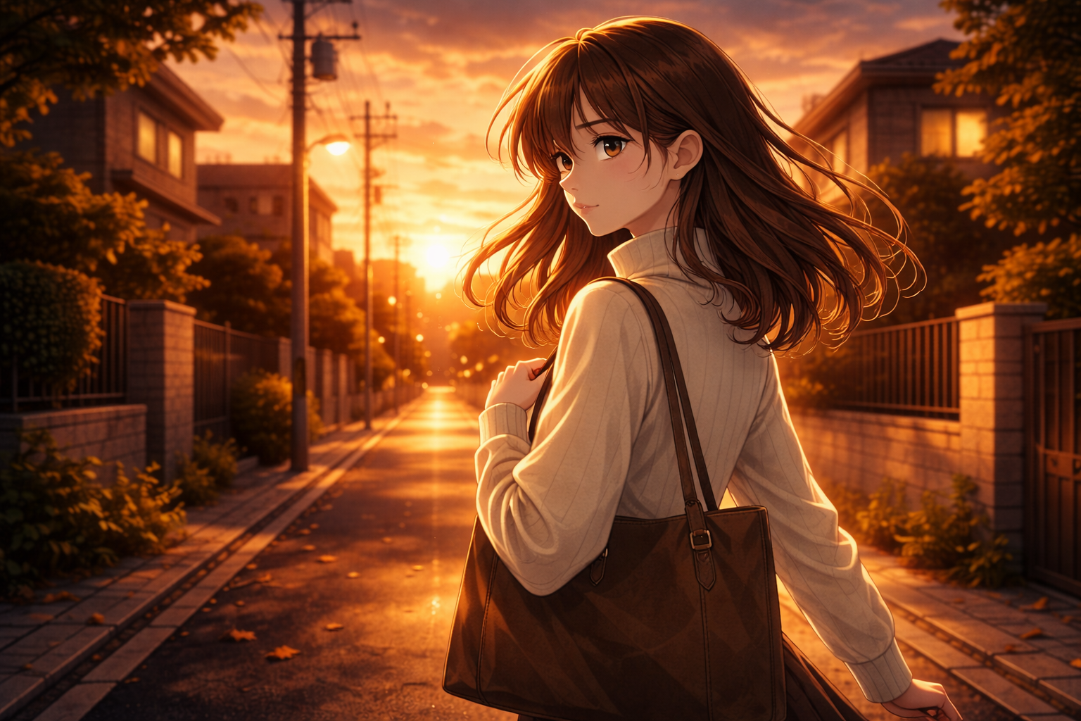 夕陽を背景に自宅へ