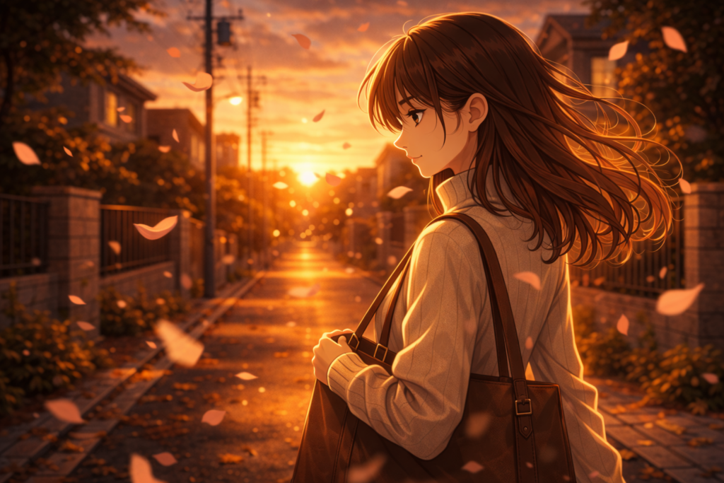 夕陽と桜が舞う中、家路につく