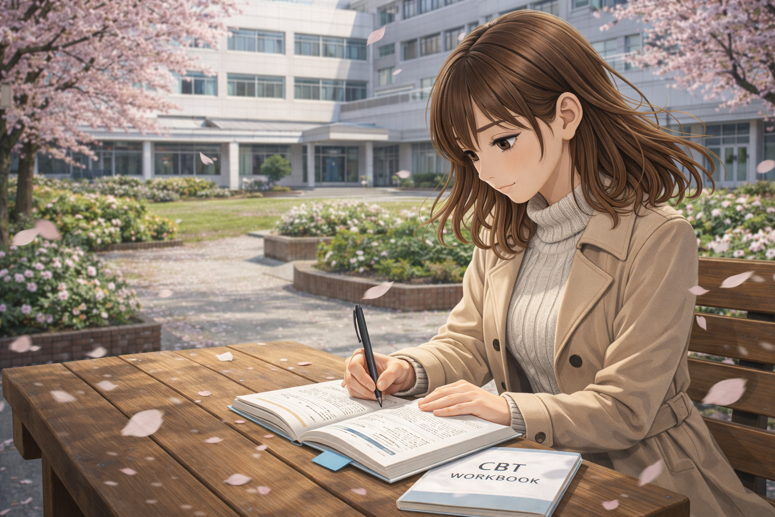 中庭で、CBTワークに取り組む