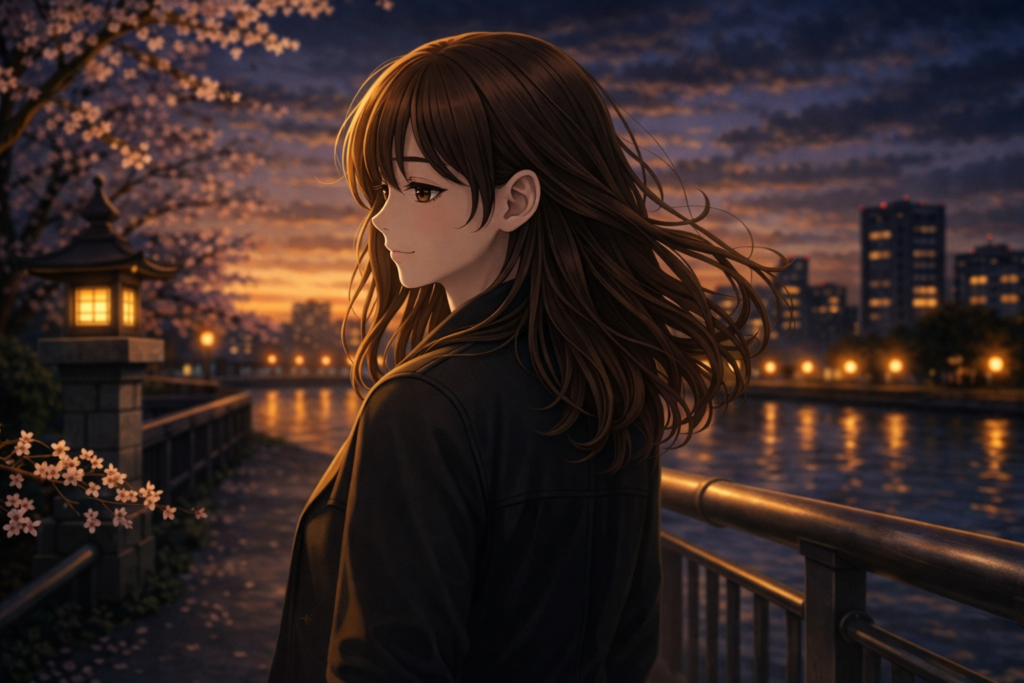 川辺の夜桜のもとで佇む