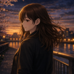 川辺の夜桜のもとで佇む