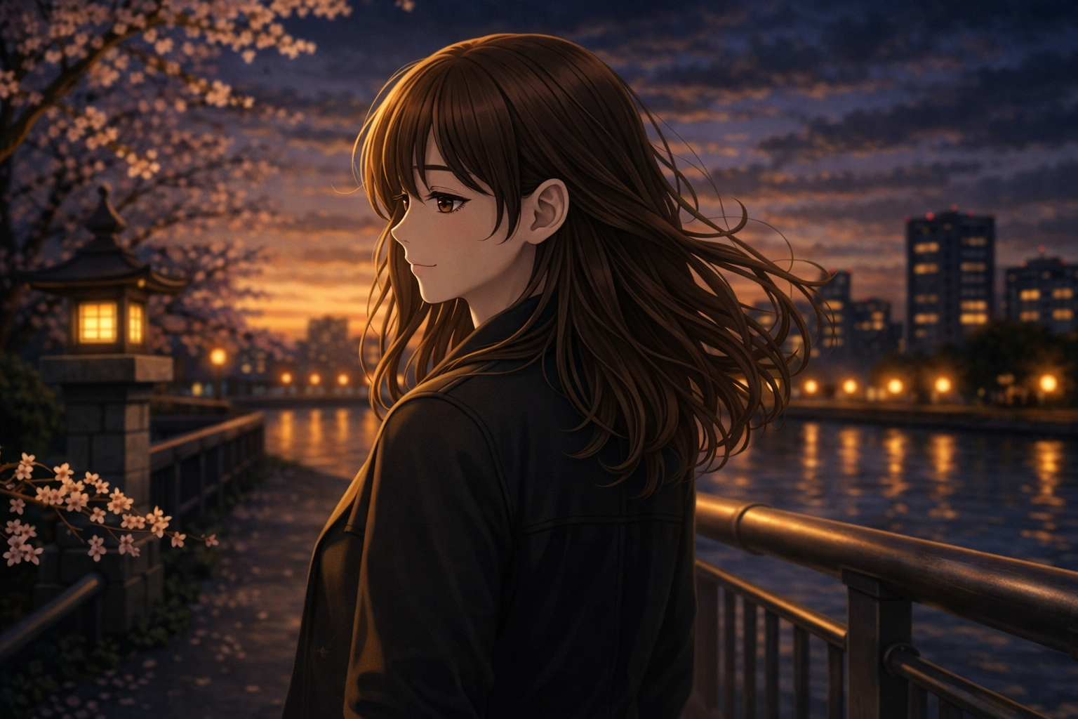 川辺の夜桜のもとで佇む