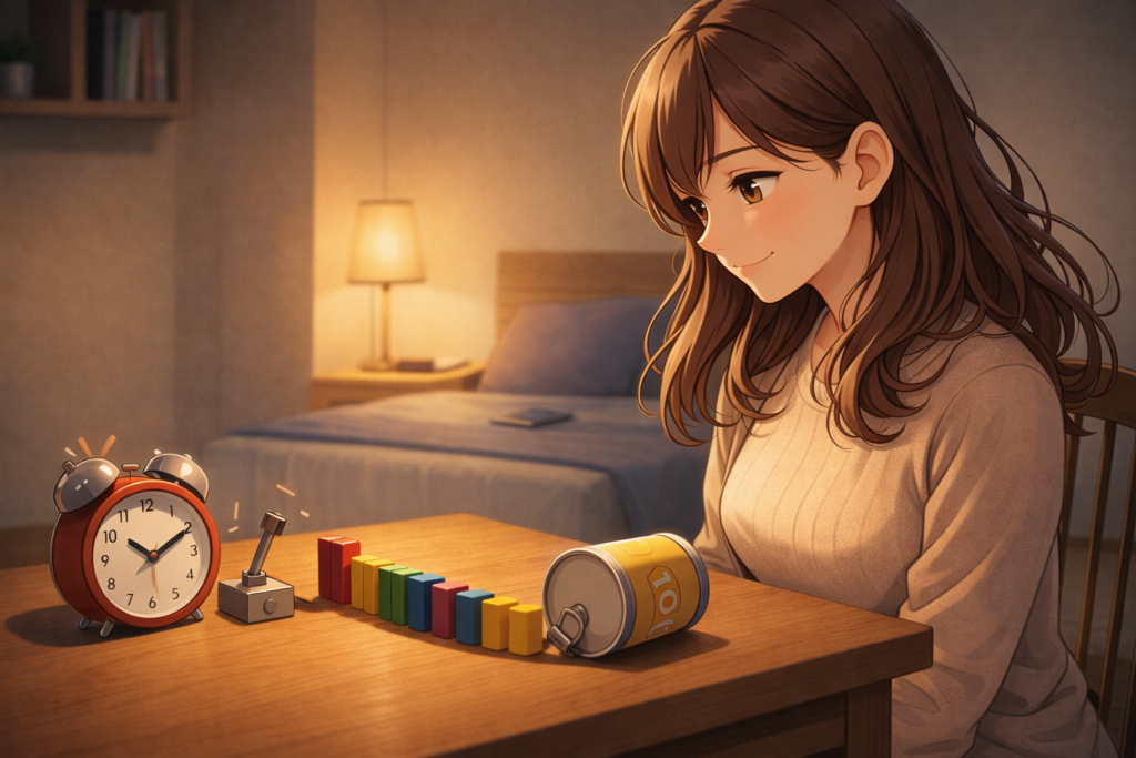 仕組まれたタイマーと、ささやかなドミノ。うまく倒れたとして、それは本当に“成功”って呼べるのか―。