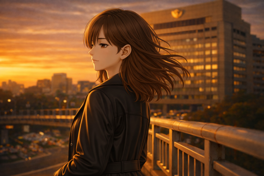 夕陽を背景に物思いにふける