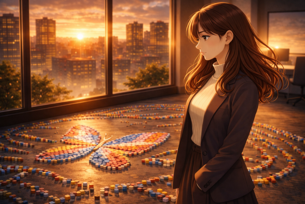 オフィスの夕日と蝶のドミノ