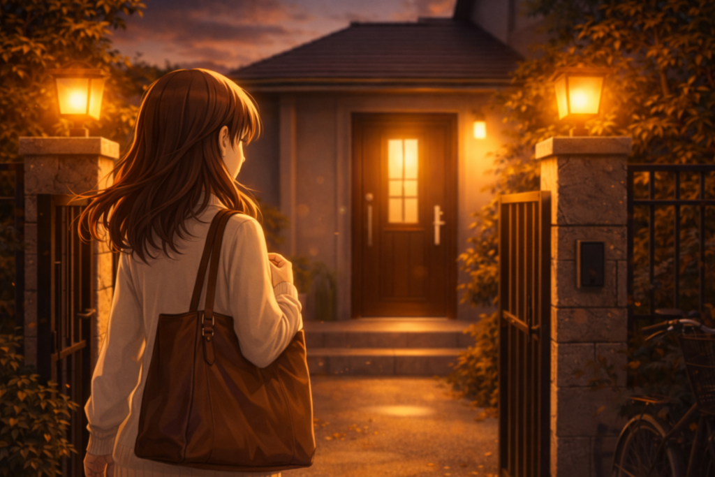 自宅の門の前で