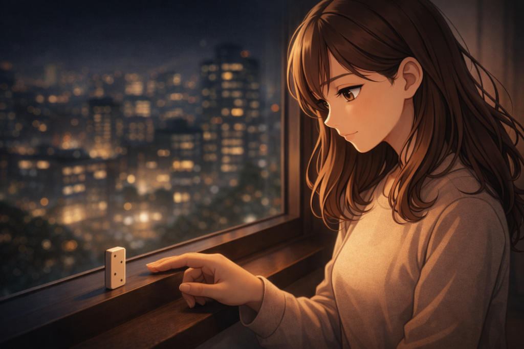 世界は、本当はドミノほどきれいには倒れない。
　それでも、一本だけ立った駒の前で立ち尽くして考える人はいる。