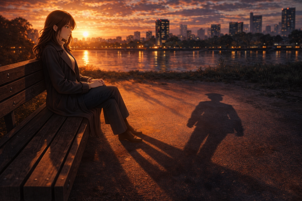 夕暮れの川辺と不穏な影