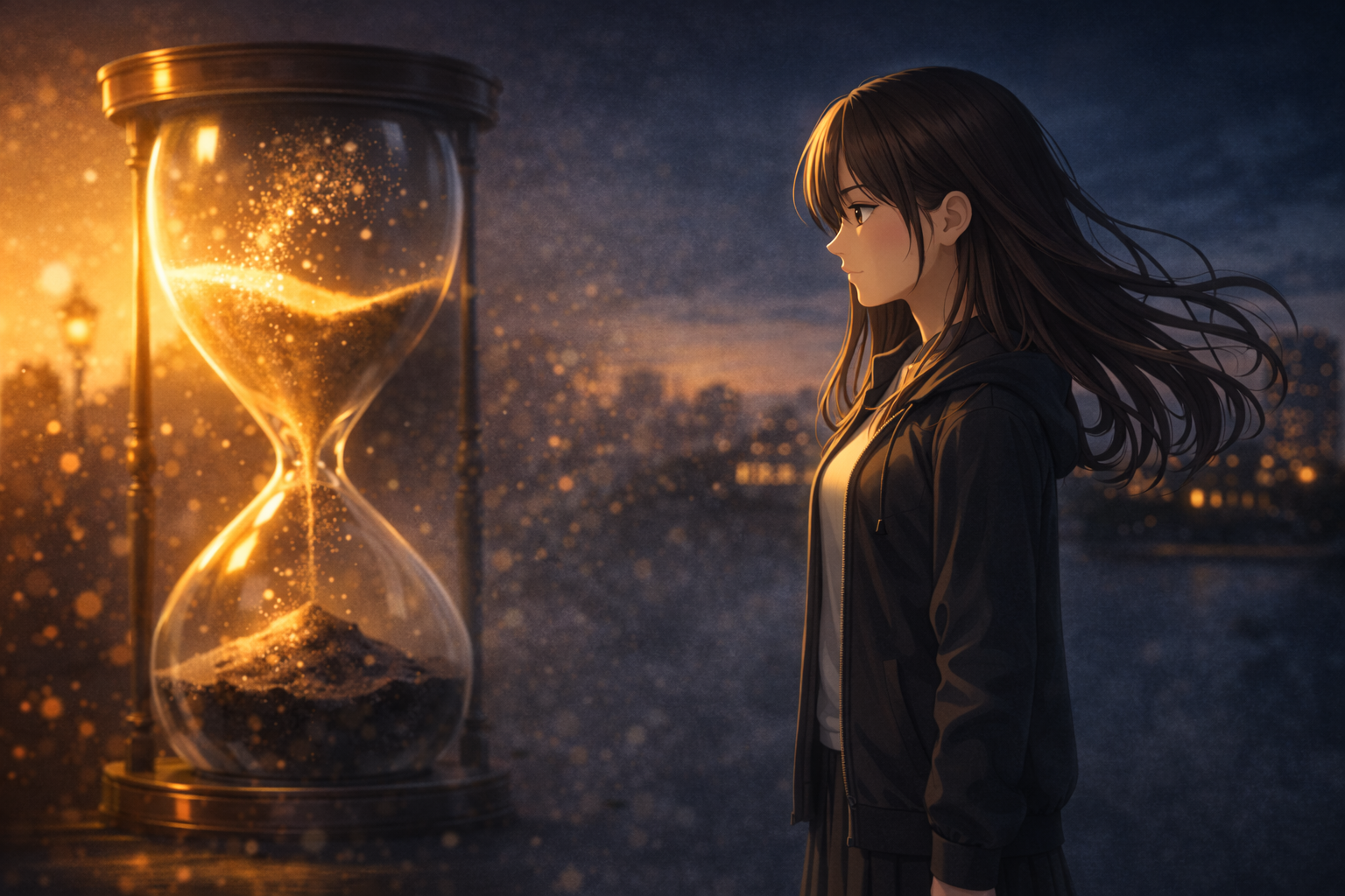 砂の流れと振り返る彼女