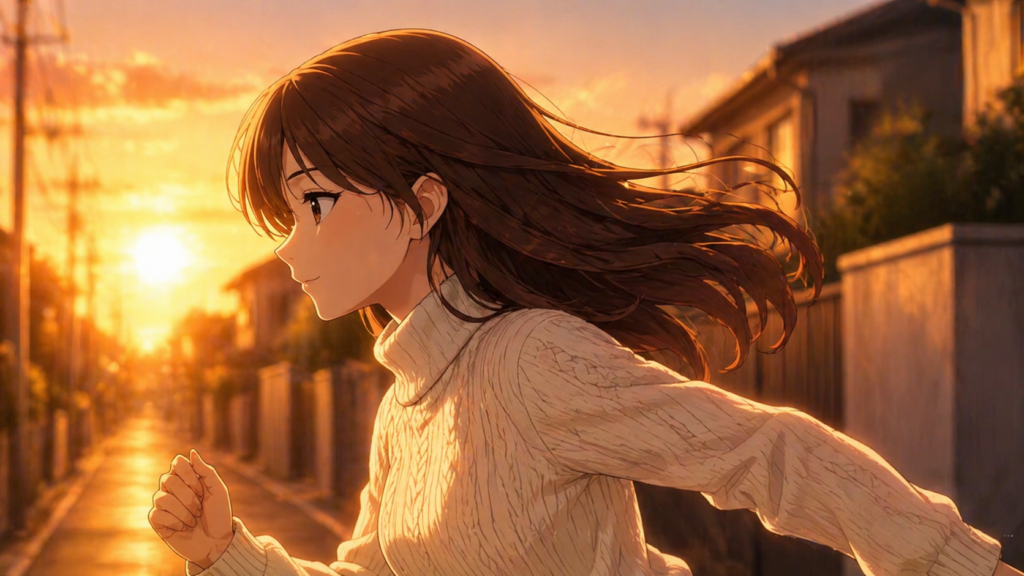 夕陽を背景に走り始める