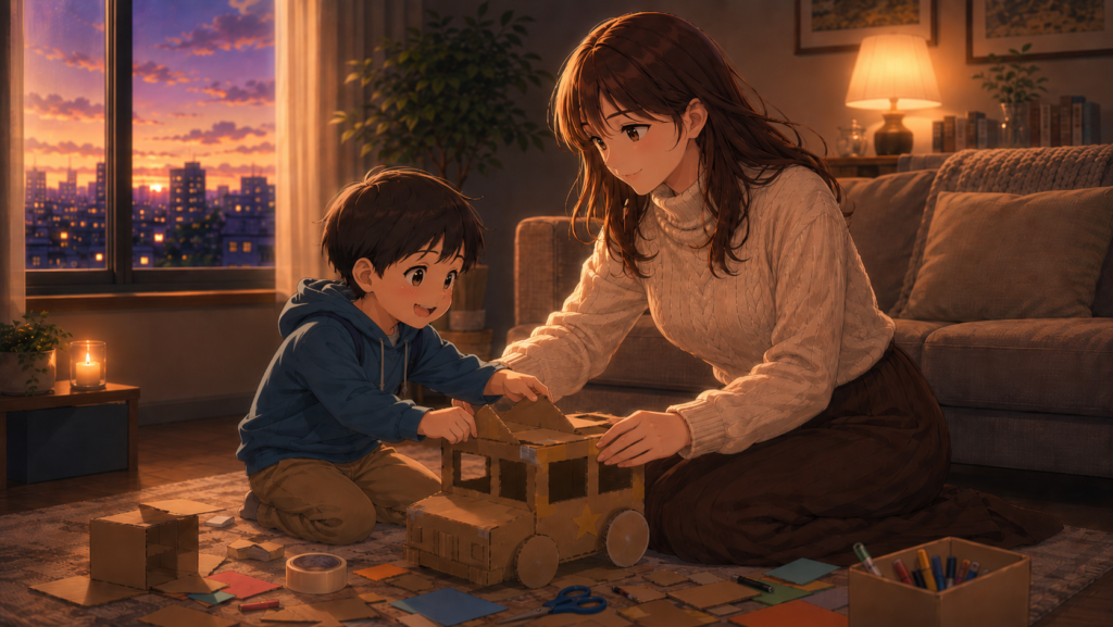 静かな部屋では、段ボール工作をする光太と一人の女性の存在があった。 失われかけた日常の中にも、子どもが少しだけ安心できる時間がある。